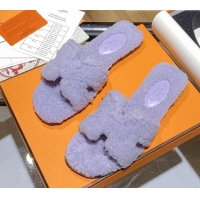 Unique Style Hermes Oran Shearling Wool Flat Slide Sandals 081109 Light Purple 2021