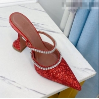 Low Price Amina Muaddi Sequins Crystal Strap Mules 9.5cm AM1017 Red 2021