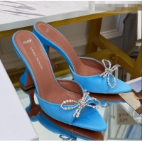 Well Crafted Amina Muaddi Silk Crystal Bow Heel Slide Sandals 9.5cm AM1401 Blue 2021