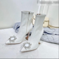 Famous Brand Amina Muaddi Patent Leather Short Boots with Crystal Buckle AM2317 White 2021