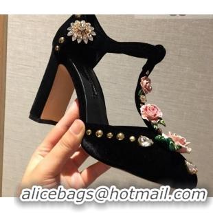 Duplicate Dolce & Gabbana DG Velvet Crystal Flower Pumps 10.5cm Black/Pink 930108