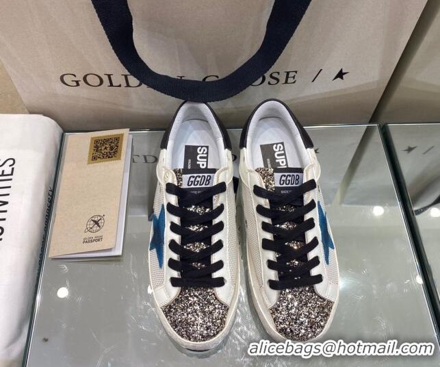 Most Popular Golden Goose Super-Star Sneakers in White Mesh and Leather with Blue Star 027058