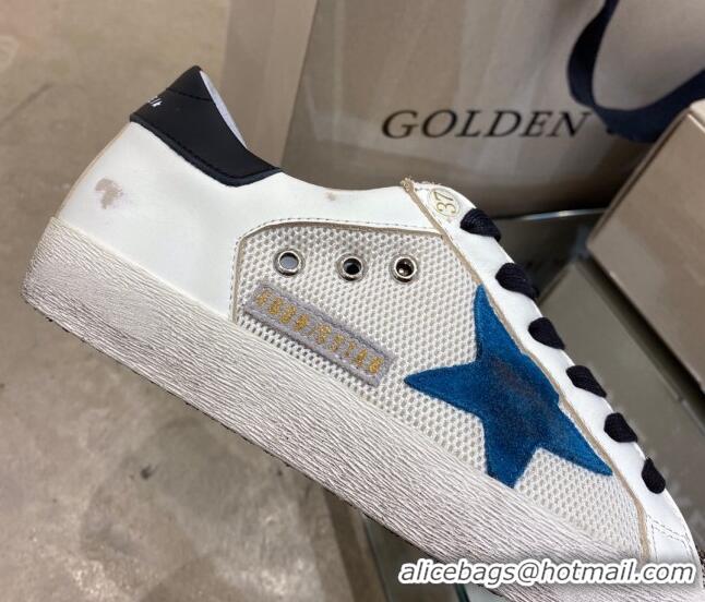 Most Popular Golden Goose Super-Star Sneakers in White Mesh and Leather with Blue Star 027058