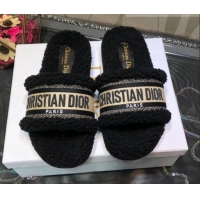 Best Product Dior Dway Flat Slide Sandals in Black Embroidered Cotton and Shearling 081024