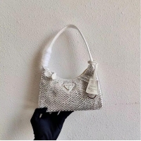 Luxury Discount Prada Satin mini-bag with artificial crystals 1BE515Z White