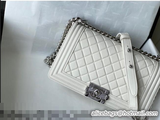 Top Quality Chanel Grained Calfskin Medium Boy Flap Bag A67086 White/Silver 2021