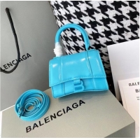 Top Quality Balenciaga WOMENS HOURGLASS MINI TOP HANDLE BAG shiny box calfskin M8000 blue