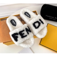 Discount Fendi Logo Shearling Flat Slide Sandals 092443 White