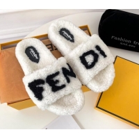 New Product Fendi Logo Shearling Flat Slide Sandals 092446 White
