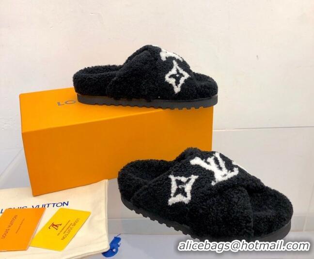 Sumptuous Louis Vuitton Cross Strap Shearling Slide Sandals 117120 Black