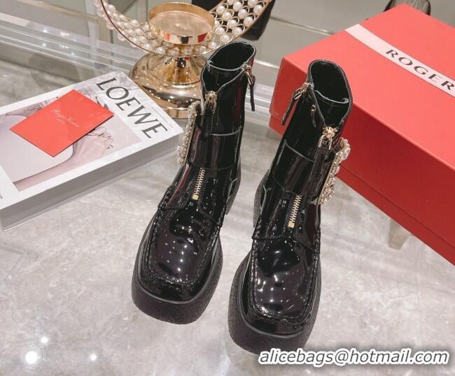 Classic Practical Roger Vivier Patent Leather Platform Ankle Boots Black/Crystal 111875