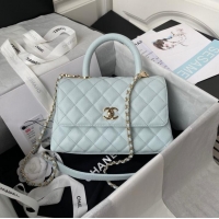 Discount Chanel flap bag with top handle Grained Calfskin A92990 light blue