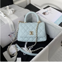 Well Crafted Chanel flap bag with top handle Grained Calfskin gold-Tone Metal AS2215 light blue