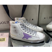 Classic Practical Golden Goose Francy Sneakers in White Leather with Shearling Lining and Lavander Star 105072