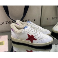 Grade Design Golden Goose Ball Star Sneakers in White leather with Red Glitter Details and Shearling Lining 105083