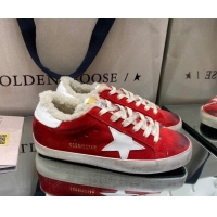 Luxury Golden Goose Super-Star Sneakers in Red Suede and Shearling Lining 105089