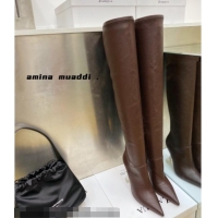 Elegant Amina Muaddi Calfskin Over-Knee High Boots 9.5cm 111216 Brown
