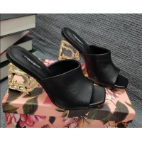Super Quality Dolce & Gabbana DG Calf Leather Slide Sandals 10.5cm 111512 Black/Gold