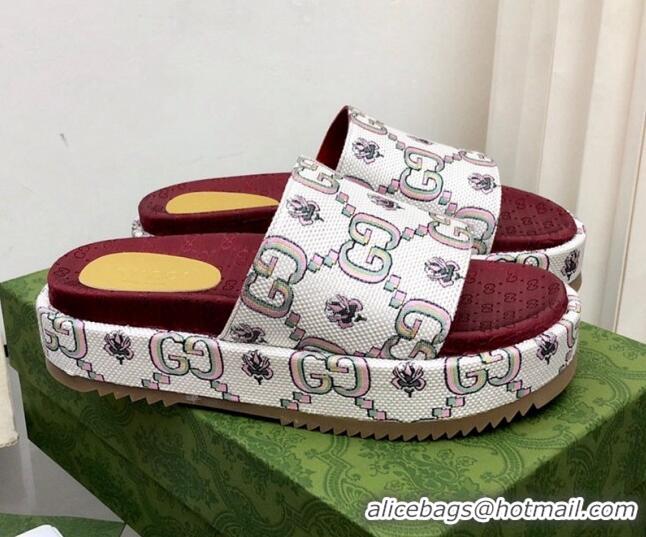 Discount Gucci 100 GG Flower Jacquard Platform Slide Sandals 121361 White