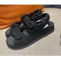 Low Price Chanel Printed Calfskin Strap Flat Sandals G35927 Black
