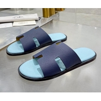 Perfect Hermes Men's Izmir Palm-Grained Leather Flat Slide Sandals 121642 Dark Blue/Light Blue