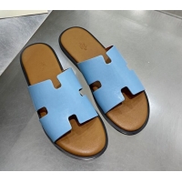 Good Quality Hermes Men's Izmir Smooth Leather Flat Slide Sandals Light Blue/Brown 121650