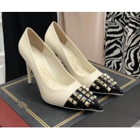 Luxury Valentino Rockstud Alcove Calfskin and Patent Leather Pumps 9cm 112411 White/Silver
