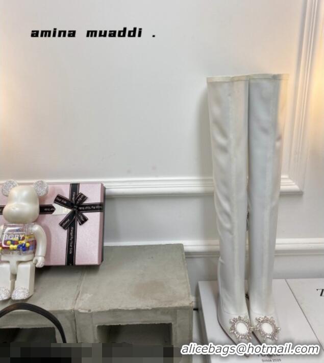 Low Price Amina Muaddi Lycra Over-Knee High Boots 9.5cm with Crystal Charm White 111223