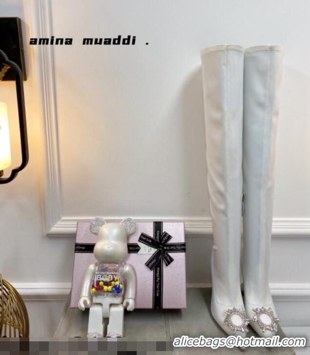 Low Price Amina Muaddi Lycra Over-Knee High Boots 9.5cm with Crystal Charm White 111223