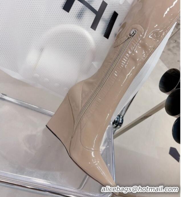 Discount Amina Muaddi Patent Leather Wedge 9.5cm High Boots 112333 Beige