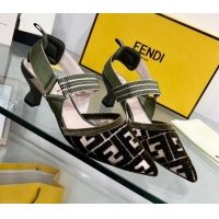 Elegant Fendi Colibrì Medium Heel Slingback Pumps 5.5cm in Velvet FF Mesh 215115 Green