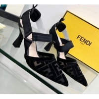 Good Quality Fendi Colibrì High Heel Slingback Pumps 8.5cm in Velvet FF Mesh 0215118 Black
