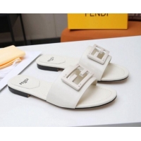 Top Quality Fendi Baguette Leather Slide Sandals White 022176