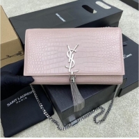 New Style YSL KATE MEDIUM WITH TASSEL IN CROCODILE-EMBOSSED SHINY LEATHER B377829 pink