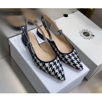 Low Cost Dior J'Adior Slingback Ballerina Flat in Cotton Embroidery with Micro Houndstooth Deep Blue/White 121545