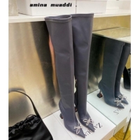 Grade Design Amina Muaddi Lycra Over-Knee High Boots 9.5cm with Crystal Bow Storm Grey 111221