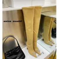 Sophisticated Amina Muaddi Lycra Over-Knee High Boots 9.5cm with Crystal Bow 111226 Yellow