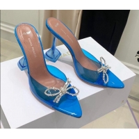Best Luxury Amina Muaddi TPU Pointed Slide Sandals with Crystal Bow 9.5cm 122051 Blue