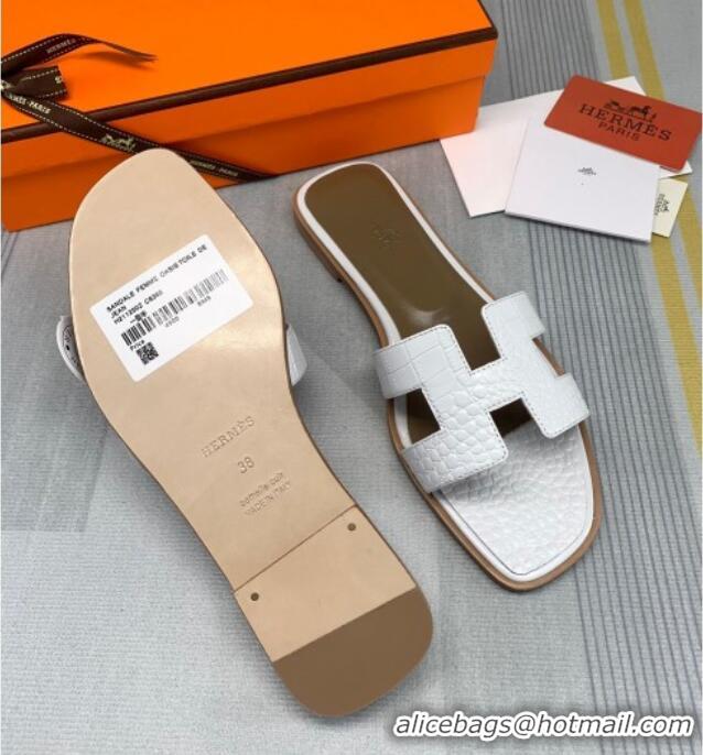 Stylish Hermes Oran Crocodile Embossed Leather Flat Slide Sandals 0216132 White