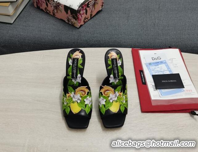 Good Quality Dolce & Gabbana DG Print Calf Leather High Heel Slide Sandals Black 10.5cm 030761 