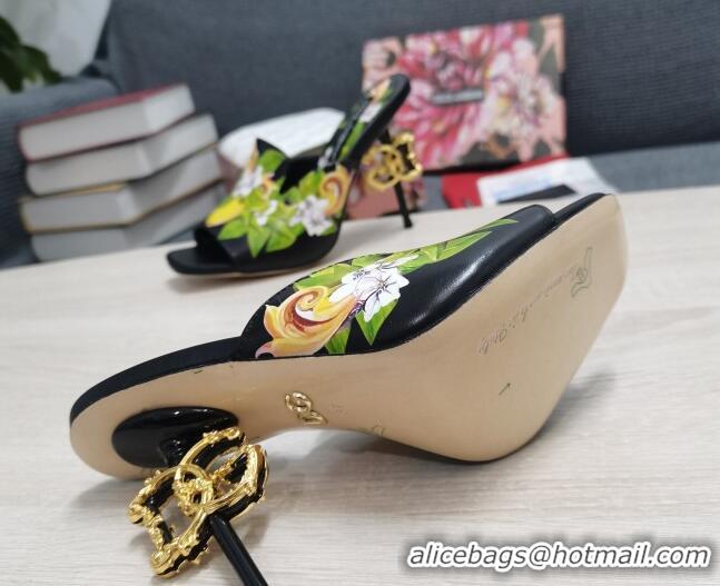 Good Quality Dolce & Gabbana DG Print Calf Leather High Heel Slide Sandals Black 10.5cm 030761 