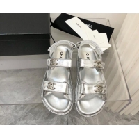 Perfect Chanel Strap Flat Sandals 021525 Silver