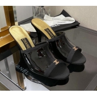 Popular Style Chanel Patent High Heel Slide Sandals 8cm 030444 Black