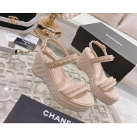 Super Quality Chanel Patent Leather Wedge Sandals with Chain 030451 Nude Pink