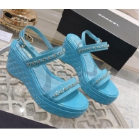 Best Price Chanel Patent Leather Wedge Sandals with Chain 030451 Blue