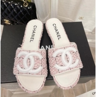New Style Chanel Tweed Flat Slide Sandals Pink 030513