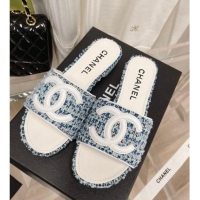 Discount Chanel Tweed Flat Slide Sandals Blue 030514