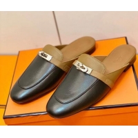 Low Price Hermes Oz Mule in Smooth Calfskin with Iconic Kelly Buckle Brown/Black 0211063