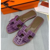 Discount Hermes Oran Stone Embossed Leather Flat Slide Sandals 0216114 Purple