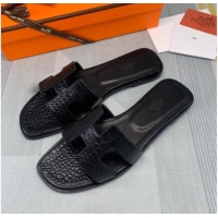 Grade Quality Hermes Oran Crocodile Embossed Leather Flat Slide Sandals 0216132 Black